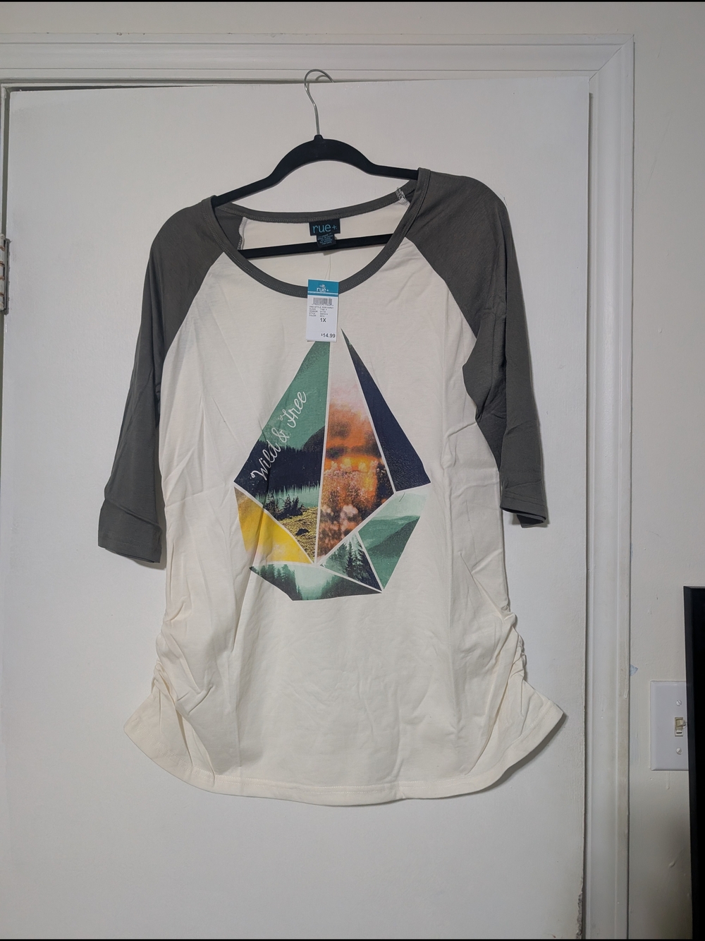 Rue21 Cream Graphic Raglan Tee with Olive Sleeves